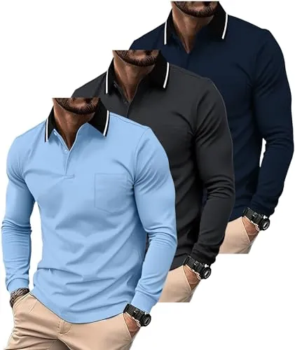 SwissWell 3 Pack Polos Manga Larga Hombre Camiseta Polo Transpirable para Golf, Ligera, para Deportes al Aire Libre y Estilo Casual
