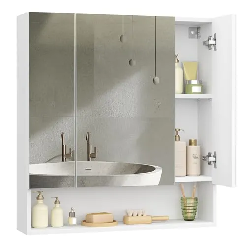 VASAGLE Armario de Baño con Puertas de Espejo, 16,5 x 70 x 75 cm | Armario de Pared, Estantes Ajustables, Blanco Nube, KAILYN Colección BBK129W01