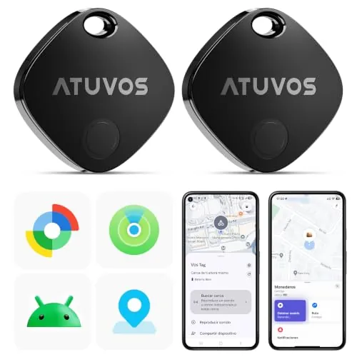 ATUVOS Air Tag Pro Smart Tag Tracker para Android & iOS, Dual Sistema Buscador de Objetos Compatible con Google Localizador o Apple Buscar APP, para Llaves/Equipaje/Maleta.Batería Reemplazable. 2 Pack