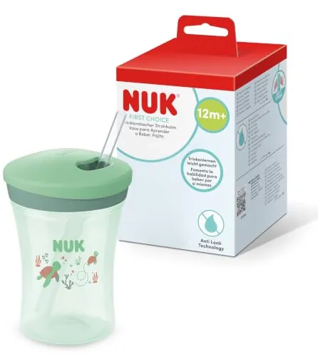 NUK First Choice vaso con pajita niños, 12+ meses, Tortuga verde, Vaso bebé 230 ml, a prueba de fugas, con pajita, 1 unidades