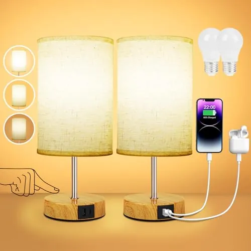Suright 2 Piezas Lámparas de Mesita de Noche Táctil Regulable | Lámpara de Noche con Puertos de Carga USB A+C, Lámpara de Mesa Pequeña para Dormitorio Salón (Bombilla Incluida)