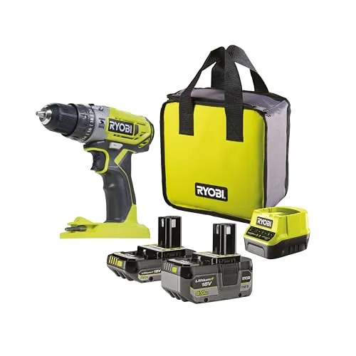 RYOBI Taladro Percutor 18V ONE+ con Baterías 2.0Ah y 4.0Ah, Cargador y Bolsa - Potente, Compacto y Garantía Extendida