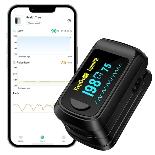 HealthTree Pulsioximetro de Dedo Bluetooth,Oximetro Dedo Profesional con PI | Medición de Saturación de Oxígeno (SpO₂) y de Frecuencia Cardíaca, con Pantalla a Color OLED, Incluye Pilas AAA y Cordón