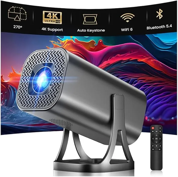Proyector Portátil 1080P Soporte 4K con WiFi 6 Bluetooth 5.4, Android 12.0 Mini Portable Proyector 22000 Lúmenes, 270° Rotation Auto Keystone Compatibile HDMI USB TF Laptop PC Teléfono Hogar Exterior