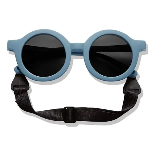 BABYMOCS Gafas de sol para bebé, 0 – 1,5 años, bioplasticas y polarizadas, redondas, sin BPA, 100% protección UV, con banda y flexibles, diseño sueco, azul, 0 Meses