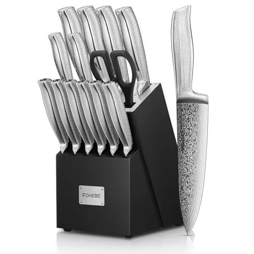 FOHERE Juego de Cuchillos de Cocina, 14 piezas Juego de Cuchillos con Tecnología Avanzada de Autoafilado, Bloque de Cuchillos con Mango Ergonómico y Acero Inoxidable