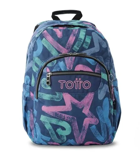 TOTTO - Mochila Escolar Adaptable a Carro, Modelo Acuareles Glitter, Capacidad 20L, Bolsillo para Pc 14", 2 Bolsillo Botella, Espaldar Ergonómico con Flujo de Aire, Correas en S, Estampado Roomin Azul