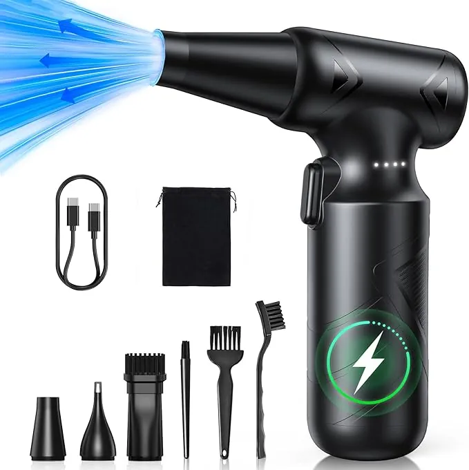 Famgoods Soplador de Aire Potente Eléctrico,150000 RPM Aire Comprimido Limpieza PC,6000mAh Soplador Bateria con Luz Led,3 Velocidades Mini Soplador Aire,Carga Rápida,Soplador de Polvo Para PC,Teclado