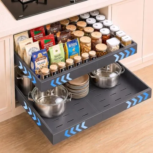 PNNP Cajones Extraibles para Cocina 2 piezas: 52 cm de profundidad | Bandeja Armario Telescópico Adhesivos - Organizador Armario de Ancho Ajustable (32-53cm) - Sin Taladrar | Negro