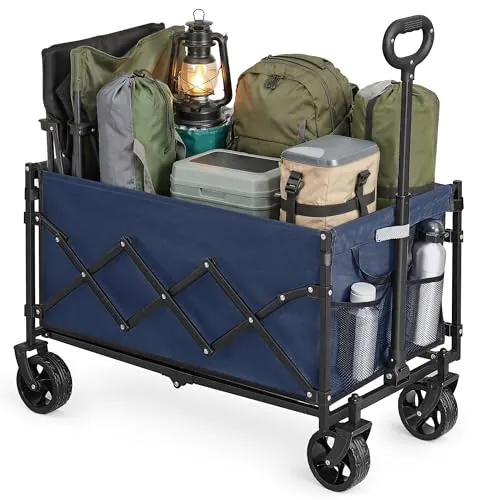 SONGMICS Carro Plegable, Carro de Jardín con Asa, 4 Ruedas Reforzadas (2 Giratorias), para Exterior y Jardín, Carga de 150 kg, 150 L, Azul Noche GFW150QE01