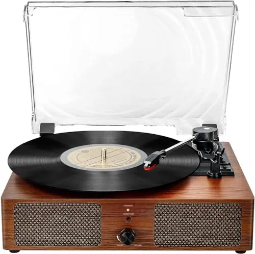 Tocadiscos de Vinilo Bluetooth con Altavoces Integrados, Compatible con Auriculares USB RCA AUX IN y gramófono portátil de 3 velocidades accionado por Correa para Entretenimiento y decoración