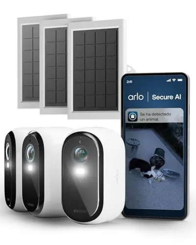 Arlo Essential 3 HD + 3 Paneles solares, cámara WiFi Exterior, batería de 6 Meses, visión Nocturna, Audio bidireccional, 3 cámaras Blancas