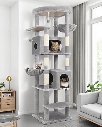 Globlazer Árbol Rascador Grande Alto 188 cm con 2 Grandes Nidos, 48 * 48CM Plataformas Acolchada, 2 Felpa Cesta, Estable Árbol Torre para Grande Gato 3-5 Adulto Gatos Más de 5 kg (S74, Gris Claro)