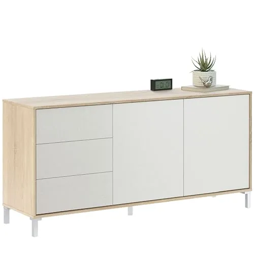 Habitdesign Aparador 2 Puertas + 3 Cajones, Buffet, Modelo Brooklyn, Acabado Roble Canadian y Blanco Artik, Medidas: 74 cm (Alto) x 154 cm (Ancho) x 41 cm (Fondo)