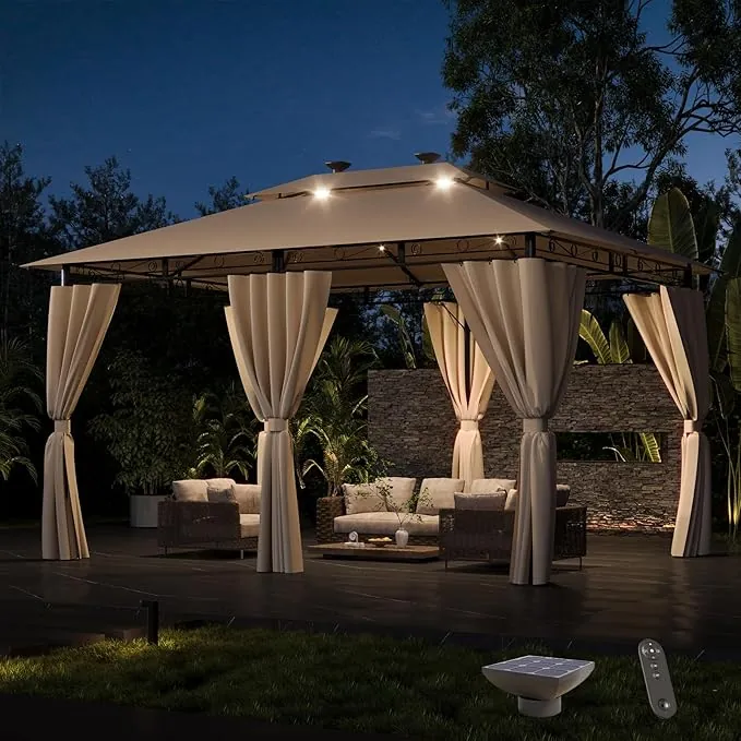 Devoke Cenadores para Jardin 3x4,Impermeable Cenador 3x4,Resistente Cenador al Aire Libre,Marco de Metal con Mosquitero Cenador,Beige