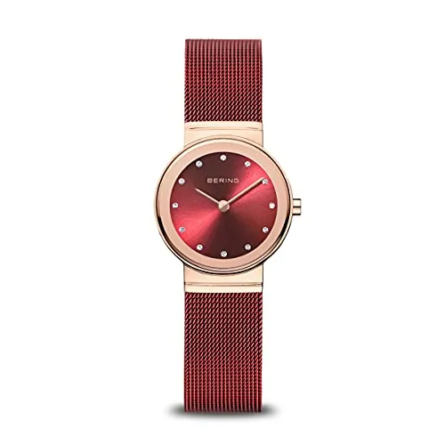 BERING 10126-363 Reloj de cuarzo para mujer con caja de acero inoxidable de 26 mm con acabado en oro rosa y esfera roja, correa milanesa, cristal de zafiro y resistencia al agua de 5 ATM