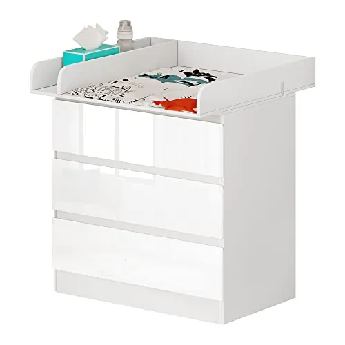 WOLTU Mueble Cambiador para Bebé, Cómoda con 3 Cajones, Cambiador Bebé 80x74,5 cm, Dividido en 2 Zonas, Cajonera de 48x80x78 cm, Blanco