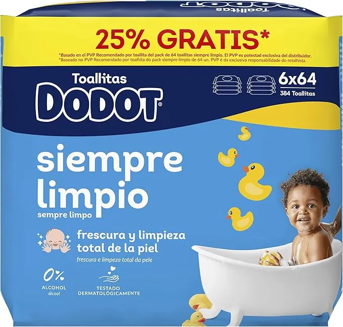 Dodot Toallitas Bebé Seco para Bebé, 384 toallitas, recupera el pH de la piel del bebé (6 Paquetes de 64)
