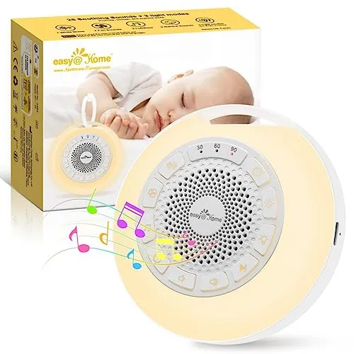 Máquina de Ruido Blanco para Dormir Bebé: Easy@Home Aparato de 26 Sonidos Relajantes con Luz Nocturna Ajustable Ambiental en Siete Colores & Temporizador丨Recargable por Tipo-C丨Blanco