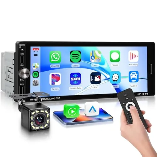 Rimoody Wireless Carplay Radio de Coche 1 DIN con 6.9 Pulgadas IPS Pantalla para Coche con Bluetooth Manos Libres FM Tipo C USB EQ Control del Volante Cámara Trasera