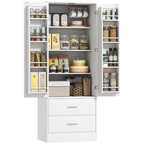 HOMCOM Alacena de Cocina Alta con 2 Puertas 8 Estantes en la Puerta Blanco | Mueble Auxiliar de Cocina, 2 Cajones, Estantes Ajustables, para Salón o Comedor, 60x40x159 cm