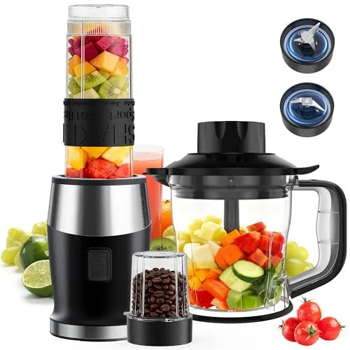 Batidora de Vaso, 700W Portátil Batidora Smoothie, Molinillo de Café, Picadora Eléctrica 3 en 1, Incluye 570ml Botellas, 300ml, 1200ml Botellas, Mini Licuadora para Zumos y Batidos, sin BPA