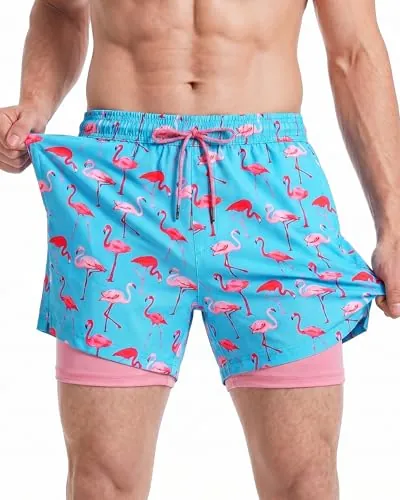 maamgic Bañador Hombre 2 en 1 Secado Rápido,Flamingo Azul Cielo,XL | Forro suave con bolsillo para móvil, resistente al agua, antirrozaduras, 2 bolsillos con cremallera, deporte y uso diario