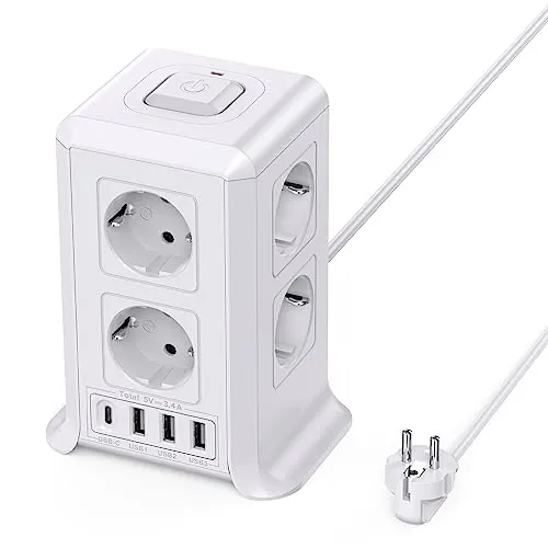 Torre Regletas Enchufes, Regleta USB 8 Tomas de AC y 4 USB Enchufe Multiple, 2500W/10A,Regleta Enchufes Proteccion Sobretension,2M Regreltas Vertical con Interruptor para,Casa, Mesa, Oficia, Blanco