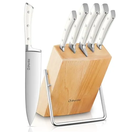D.Perlla Juego de Cuchillos de Cocina con Bloque Profesional 6 piezas, Ultrafilo de Acero Inoxidable Alemán Mango Ergonómico,Blanco