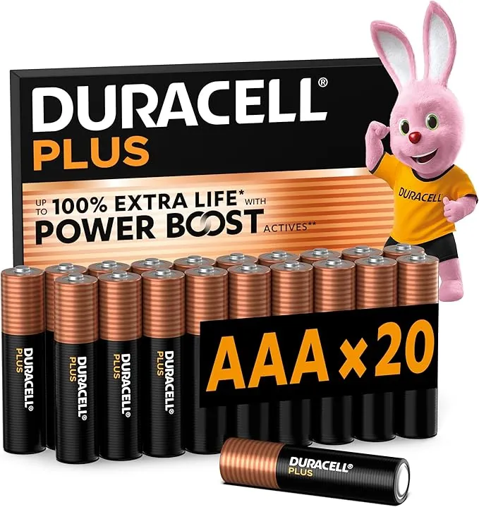 DURACELL Plus Pilas AAA (Paquete de 20) – Pilas alcalinas 1,5 V–hasta un 100% de duración Extra con Activos Power Boost–Fiabilidad para Dispositivos cotidianos–Envase con 0% de plástico–MN2400