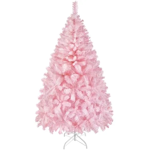Yaheetech Árbol de Navidad Artificial Frondoso de 154 cm, 398 Puntas | PVC Realista, con Soporte de Metal, Plegable, Decoración Navideña para Casa, Tienda, Color Rosa