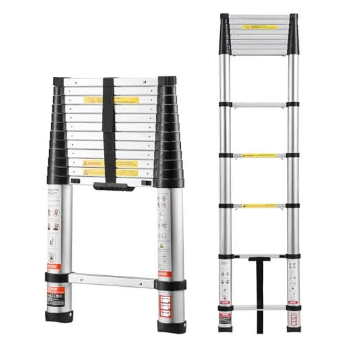 VEVOR Escalera Telescópica de Aluminio 374 cm, Escalera de Extensión Plegable con Sistema de Retracción de Un Solo Toque, Soporta hasta 150 kg, con Pies Antideslizantes, para Hogar, Ático, Jardinería