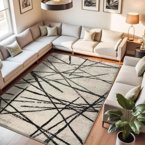 Leesentec Alfombra Salon Bohemia Artística Vintage Oriental Suave Superficie felpuda,Base Vinílica Antideslizante Única para Salón,Dormitorio,Felpudo Entrada Casa (Beige/A Rayas Negro, 160 x 200 cm)