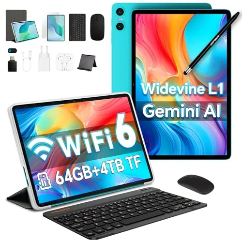 TECLAST P33 Tablet 10 Pulgadas Android 15, Gemini AI, 64 GB + 4TB TF, 10 Accesorios | Widevine L1 | 6000mAh | WiFi 6 &BT 5.4 | Octa-Core| 3.5mm Jack, Tablet con Teclado + Lápiz + Funda + Auriculares