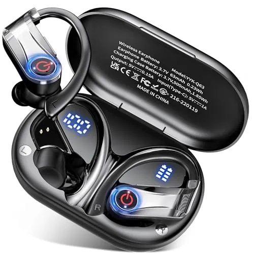 VNMN Auriculares Inalámbricos Bluetooth Deportivos con Gancho para Oreja | 120H, IPX7 Impermeables, Pantalla LED, Sonido HiFi 16.2mm, Llamadas Claras, USB-C, Running, Gimnasio y Ciclismo Negro Cromado