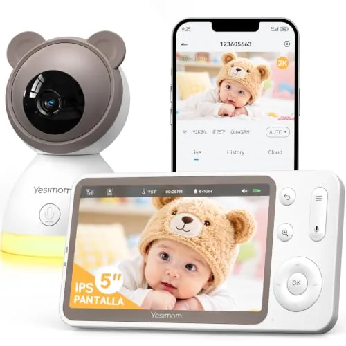 YESIMOM Camara Vigilancia Bebe 3MP, Monitor Bebe con Pantalla IPS 5"