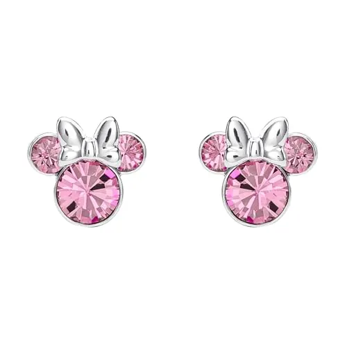 Pendientes de tuerca chapados en plata con cristal rosa de Minnie Mouse para niñas y mujeres, talla única, Chapado en plata, Sin piedra preciosa