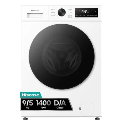 Hisense WD1I9042BWF2 - Lavasecadora 9 kg/5 kg, Fondo 47cm, 1400 rpm, Lavado y Secado 59', Dispensador Automix, Programa Lavado Auto, Función Antiarrugas, Lavado Pure Jet, Función Vapor 99,9%, Blanco