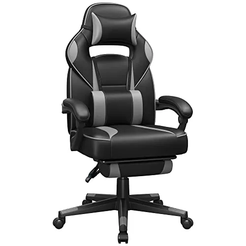 SONGMICS Silla de Oficina, Silla Gaming Ergonómica, con Reposapiés Telescópico, Respaldo Ajustable, Reposacabezas y Soporte Lumbar, Carga de 150 kg, Negro Tinta y Gris Paloma OBG073B03