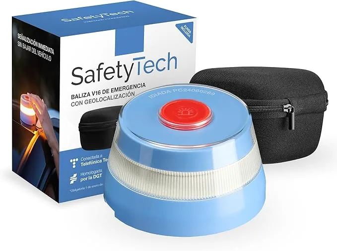 SafetyTech - Luz Emergencia Coche Homologado DGT, con SIM Telefónica y Datos Gratis hasta 2038, Baliza V16 Homologada DGT con Geolocalizador 3.0 + Funda Accesorios Coche, V16 con Geolocalización