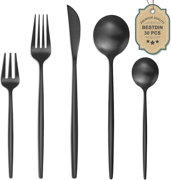 Bestdin Juego de cubiertos para 6 personas, 30 piezas, color negro mate, juego de cubertería con cuchillo, tenedor, cuchara, acero inoxidable, apto para lavavajillas.