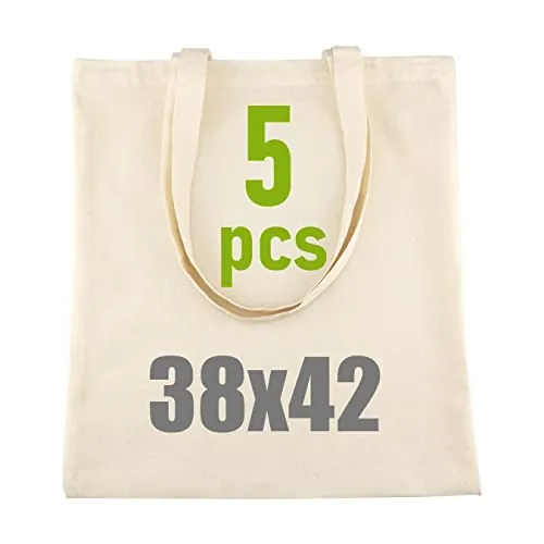 IDEA HOME Bolsa de Yute - Pack de 5 Bolsas de Algodón 100% - Bolsa de Tela para Pintar - 38x42 cm, 144 g/m² - Lona con Asas Largas - Reutilizable para Transporte