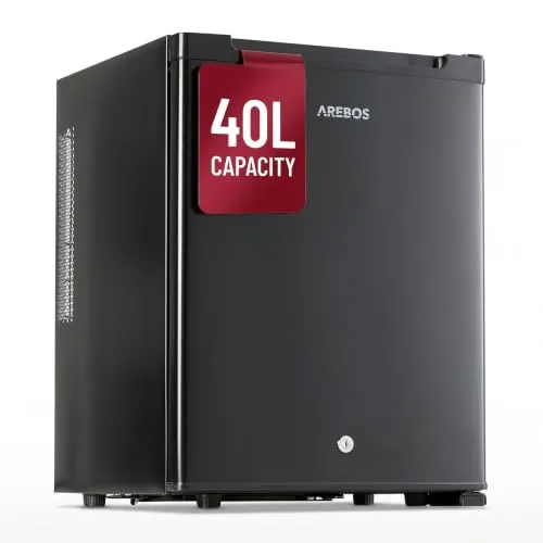 Arebos Mini Frigorífico 40L | Mini Bar Silencioso ≤27 dB | Nevera Compacta con Cerradura, LED y Temperatura Ajustable 5–18 °C | Frigorífico Oficina | Negro