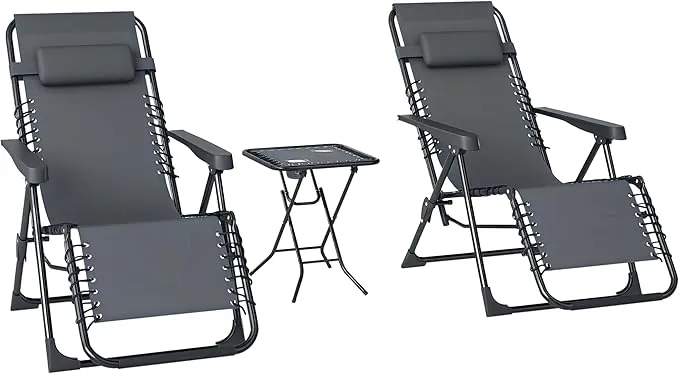 Outsunny Set de 2 Tumbonas Jardín Exterior Plegables con Mesa Auxiliar Portavasos Tumbonas de Gravedad Cero con Respaldo Ajustable Reposabrazos Extraíble para Patio Piscina Terraza Exterior Gris
