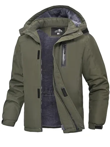 Peakwell Chaqueta de Invierno para Hombre, Verde Militar, L | Capucha Desmontable, Resistente al Viento e Hidrorrepelente, Múltiples Bolsillos, Forro Térmico Cálido, Cordón Ajustable