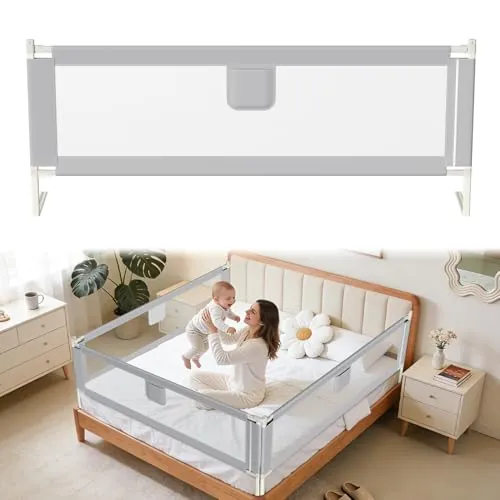 Tubiaz 200CM Barrera Seguridad Niños Cama, Altura Regulable 64-96cm, Barrera Cama niños con protección contra caídas, Barandilla Cama niño Plegable, Fácil de Montar, Gris