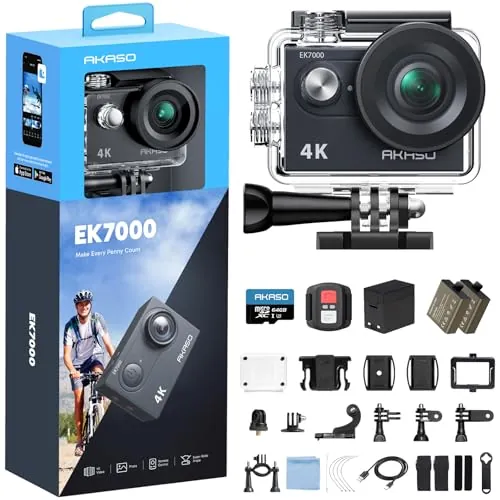 AKASO EK7000 Cámara Deportiva 4K con Tarjeta de Memoria microSDXC de 64GB Cámara de acción 4K 20MP WiFi Gran Ángulo 170° con EIS Control Remoto 2.4G Camara Acuatica Sumergible 30M 2 Baterías