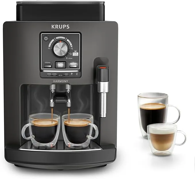Krups Harmony, Cafetera Superautomática, 4 Bebidas de café y leche, Espumador De Leche, Limpieza automática, Funcioón de doble taza, Compacta, Color carbón, EA508BE0