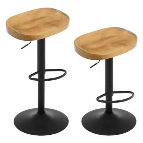 WOLTU Taburetes Altos de Cocina Juego de 2, Giratorio con Reposapiés, Taburete de Bar Regulable en Altura Asiento de Madera, para Zona de Bar, Cocina, Base Metalico, Marrón Rústico