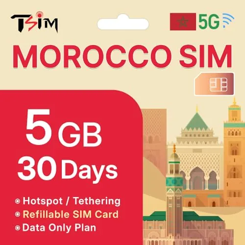 TSIM Tarjeta SIM de Marruecos de 30 días | 5 GB de datos de alta velocidad en 5G/4G/LTE (Se permite compartir datos) | Activación automática | Sin límite de velocidad de datos | Nueva tarjeta SIM 5G